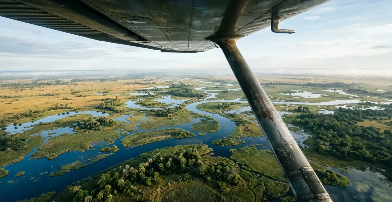 View from small aircraft window showing Okavango Delta waterways and islands below