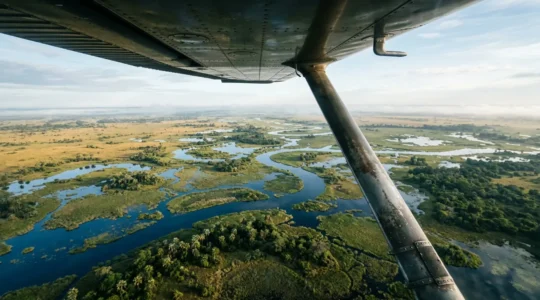View from small aircraft window showing Okavango Delta waterways and islands below