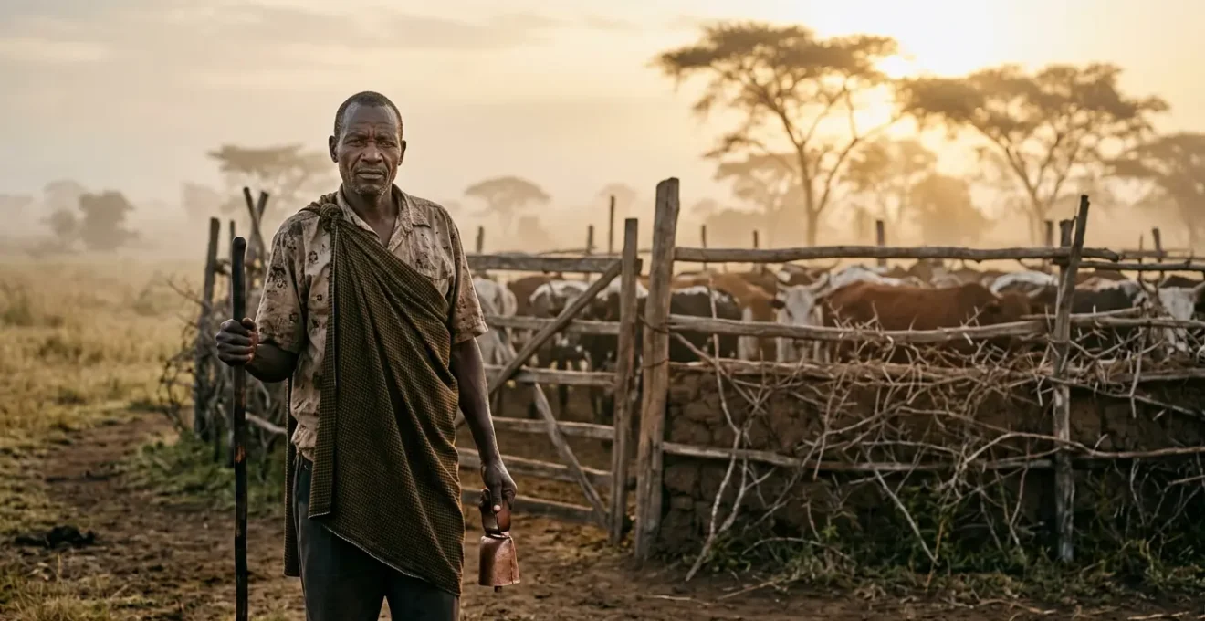 A farmer standing with traditional livestock protection tools at dawn near a cattle kraal in African savanna
