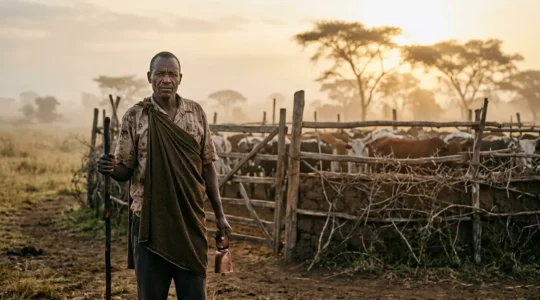 A farmer standing with traditional livestock protection tools at dawn near a cattle kraal in African savanna