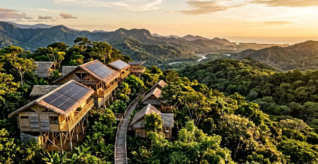 Panoramic view of a sustainable eco-lodge with solar panels integrated into natural architecture surrounded by pristine wilderness