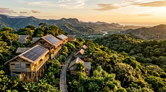 Panoramic view of a sustainable eco-lodge with solar panels integrated into natural architecture surrounded by pristine wilderness
