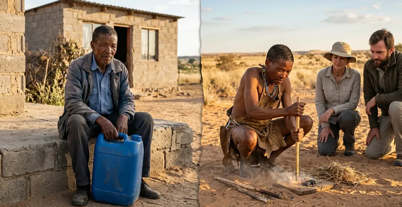 Contrasting scenes of San Bushmen traditional and tourist performances