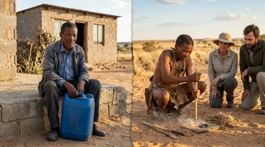Contrasting scenes of San Bushmen traditional and tourist performances