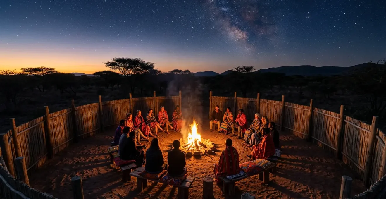 Communal dinner gathering around a fire in a circular enclosure under the starlit African sky