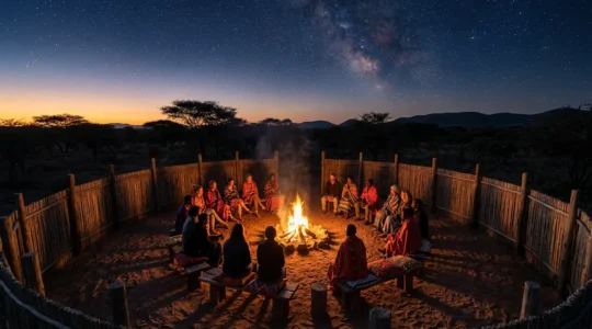 Communal dinner gathering around a fire in a circular enclosure under the starlit African sky