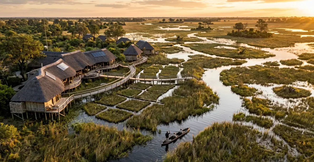 Eco-certified safari lodge harmoniously integrated into the Okavango Delta wetlands