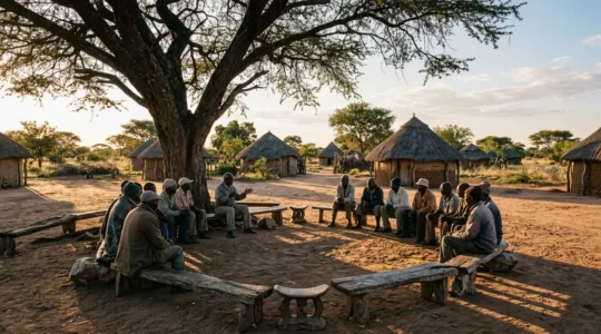 Traditional Kgotla community assembly with village elders and community members gathered under an ancient tree in rural Botswana
