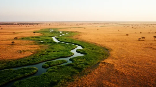 Aerial view of Botswana safari landscape showing contrasting ecosystems
