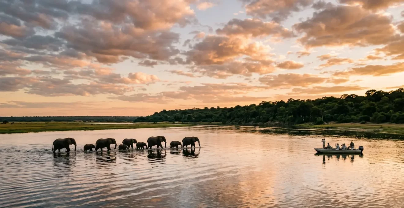 Elephant family crossing Chobe River at golden hour with safari boat in distance