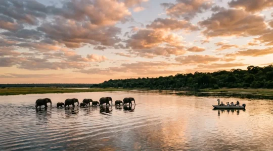 Elephant family crossing Chobe River at golden hour with safari boat in distance