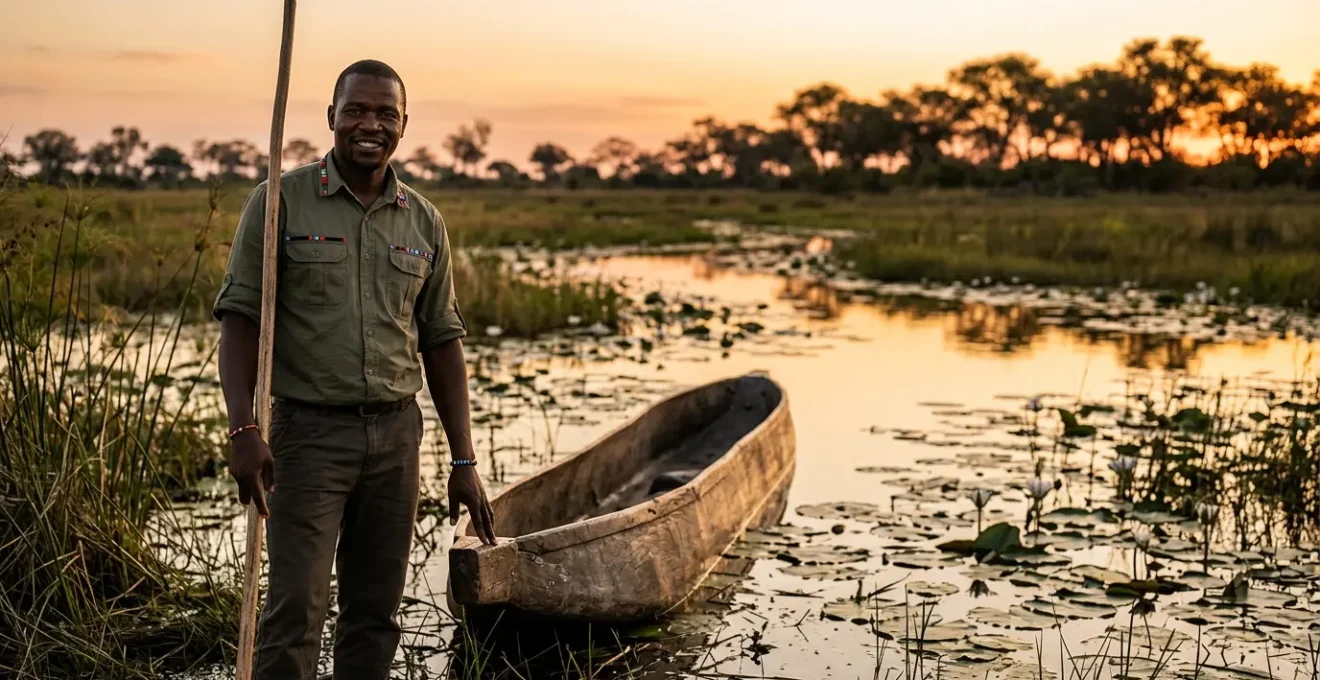 Local Botswana safari guide leading travelers through the Okavango Delta in traditional mokoro canoe