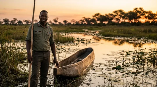 Local Botswana safari guide leading travelers through the Okavango Delta in traditional mokoro canoe