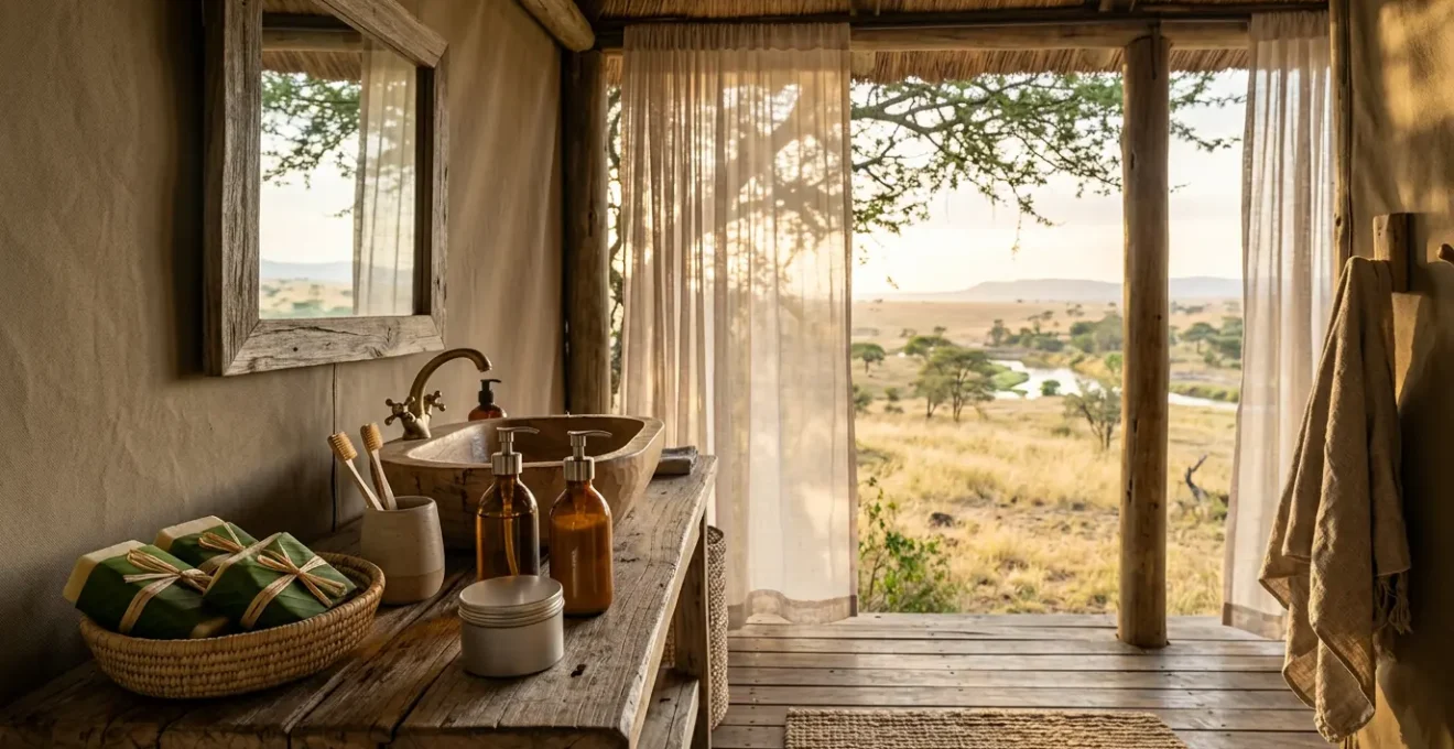 Sustainable safari camp bathroom with bamboo amenities and refillable containers against natural African landscape