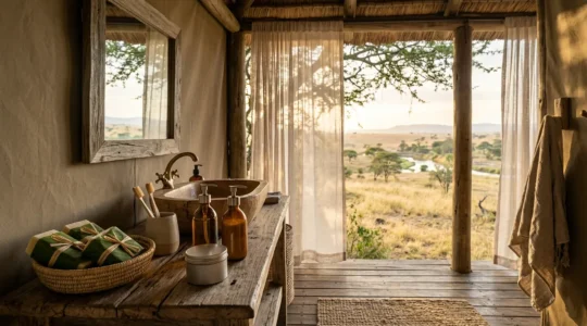 Sustainable safari camp bathroom with bamboo amenities and refillable containers against natural African landscape