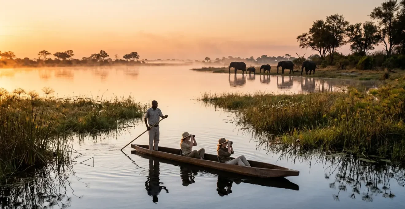Early morning mokoro gliding through pristine Okavango Delta channels with elephants in the misty background