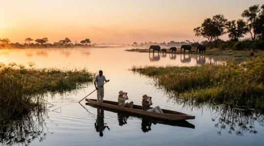 Early morning mokoro gliding through pristine Okavango Delta channels with elephants in the misty background