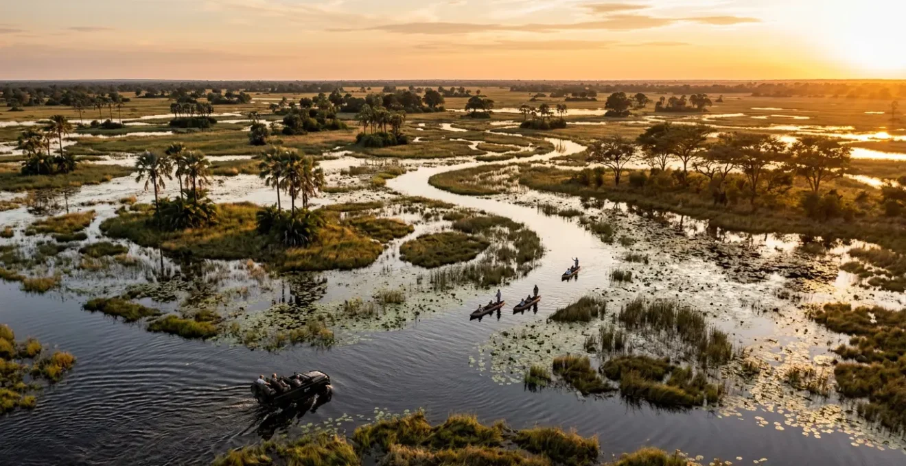 Safari vehicles and boats navigating flooded plains during peak water season in African wilderness