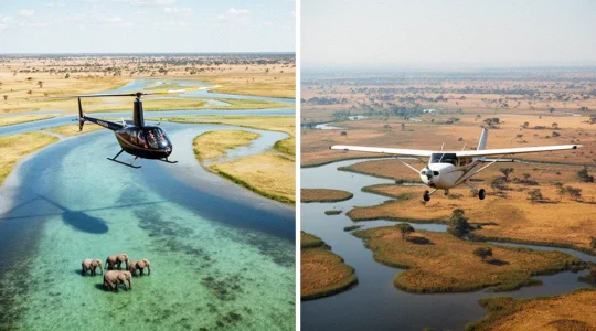 Split perspective aerial view showing helicopter hovering over Okavango Delta channels and fixed-wing aircraft flying higher over vast floodplains