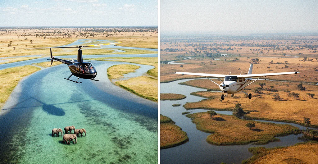 Split perspective aerial view showing helicopter hovering over Okavango Delta channels and fixed-wing aircraft flying higher over vast floodplains