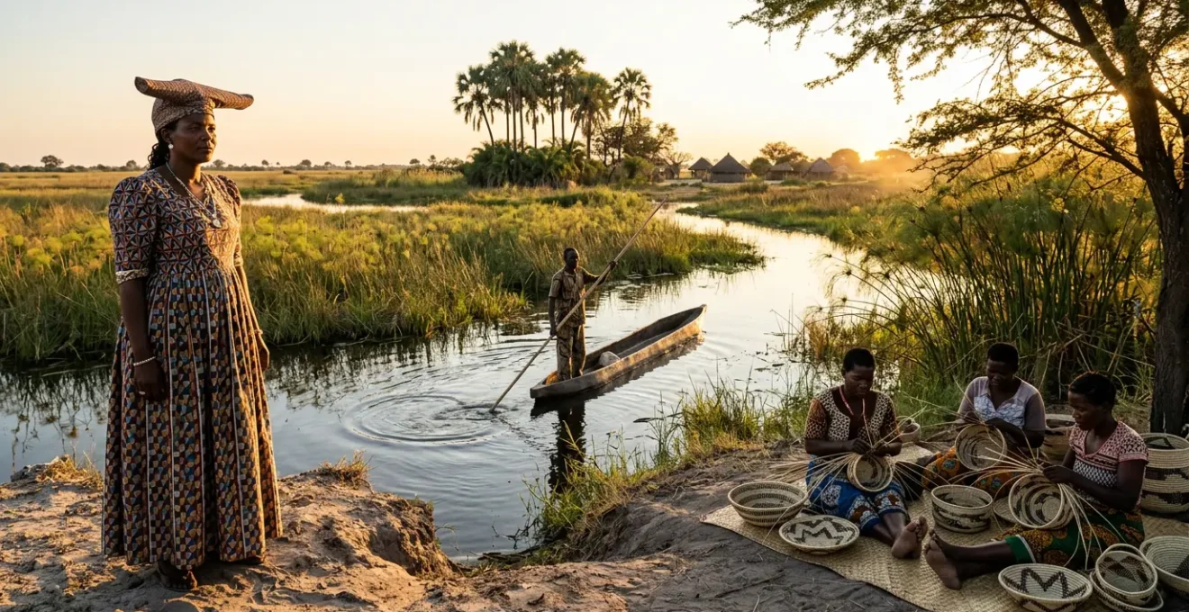 Cultural diversity of Okavango Delta peoples showing traditional dress and mokoro boats