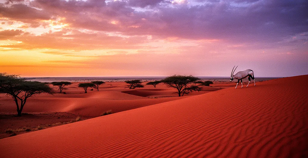 Wide panoramic view of Kalahari desert with acacia trees and red sand dunes at golden hour
