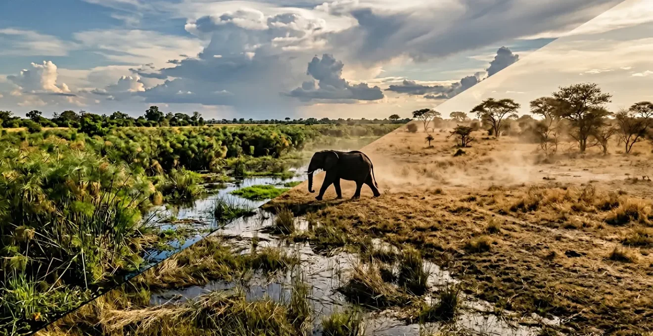 Split panoramic view contrasting lush Linyanti wetlands with dry dramatic Savuti plains, showcasing two distinct African safari environments