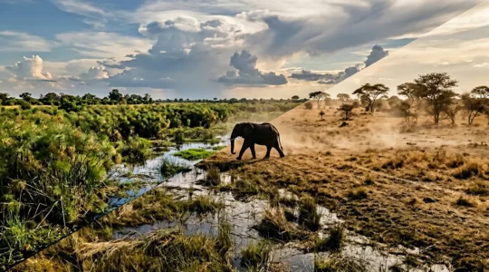 Split panoramic view contrasting lush Linyanti wetlands with dry dramatic Savuti plains, showcasing two distinct African safari environments