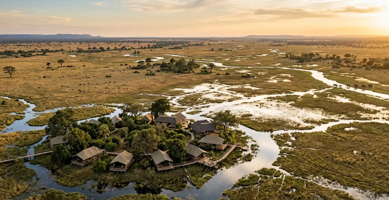 Aerial view of an exclusive safari camp nestled in the Okavango Delta at golden hour