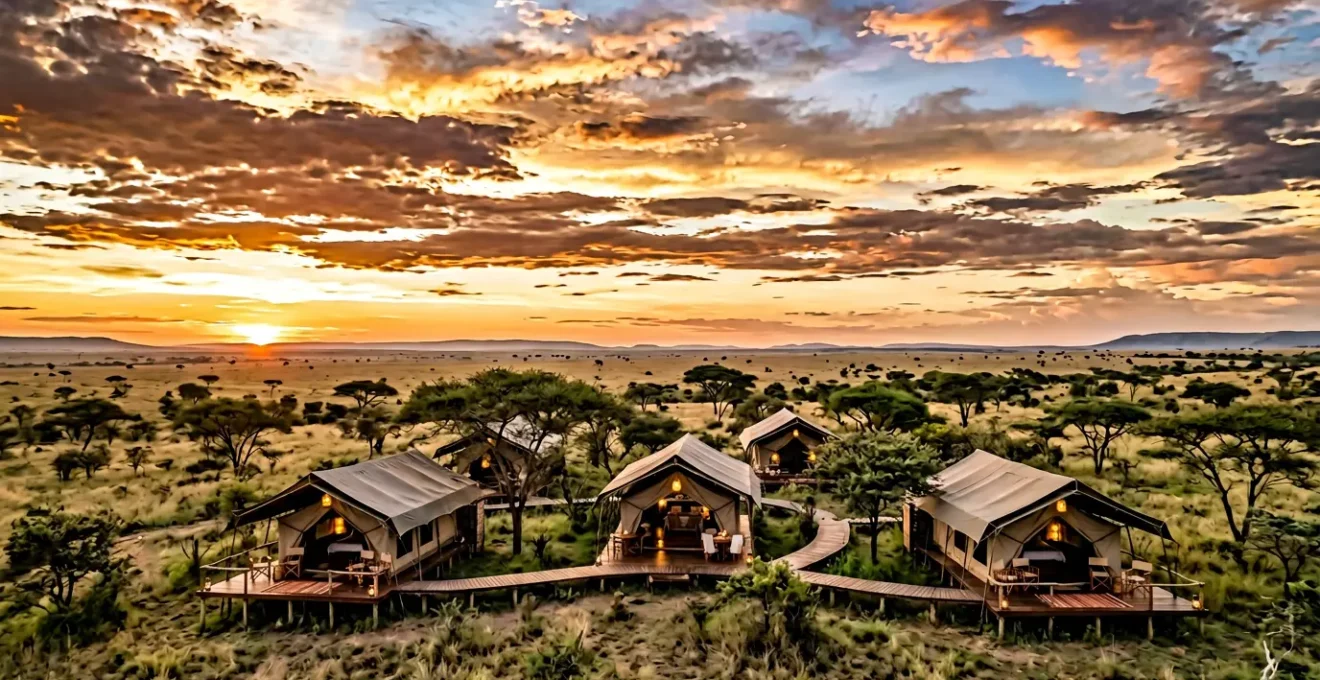 Elegant safari tented camp at golden hour in the African wilderness with acacia trees silhouetted against amber sky