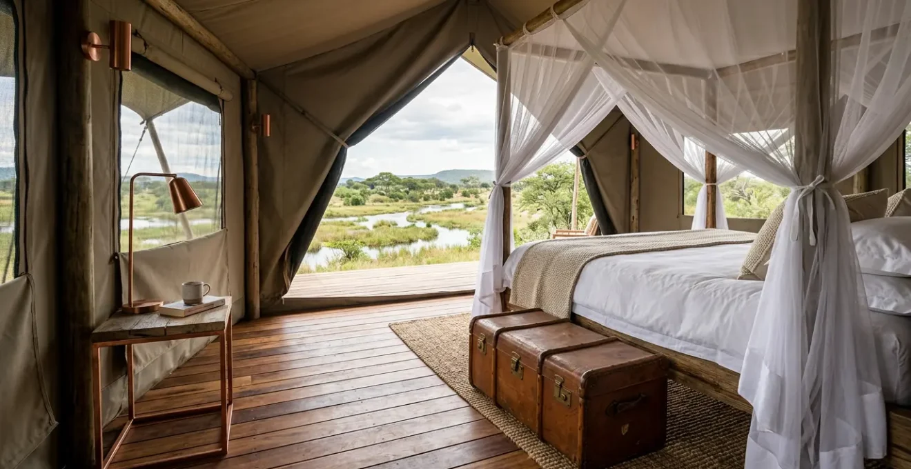Interior view of a luxury safari tent in Botswana showing opulent furnishings with natural light