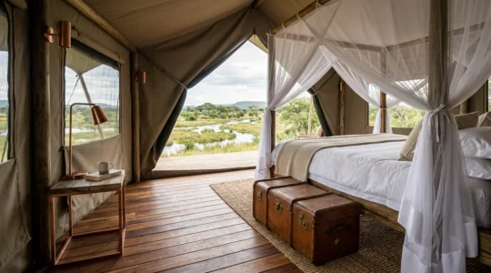Interior view of a luxury safari tent in Botswana showing opulent furnishings with natural light