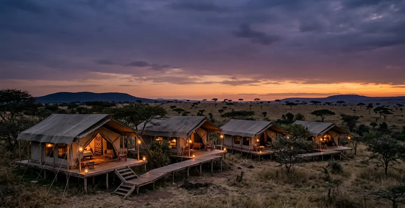 Luxury safari tents at golden hour with soft lantern glow against African wilderness