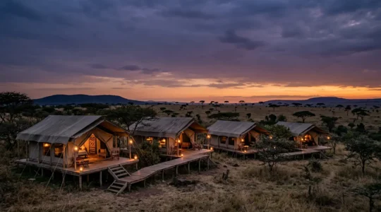 Luxury safari tents at golden hour with soft lantern glow against African wilderness