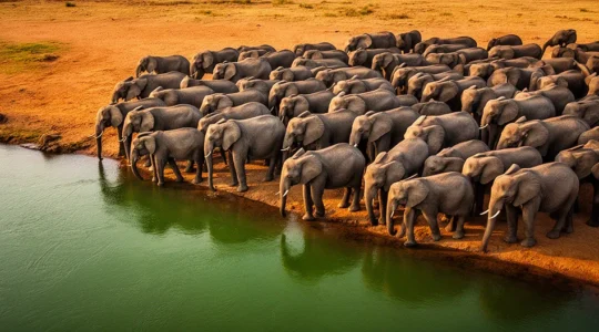 Large elephant herds congregating at Chobe River during peak dry season with dramatic African landscape