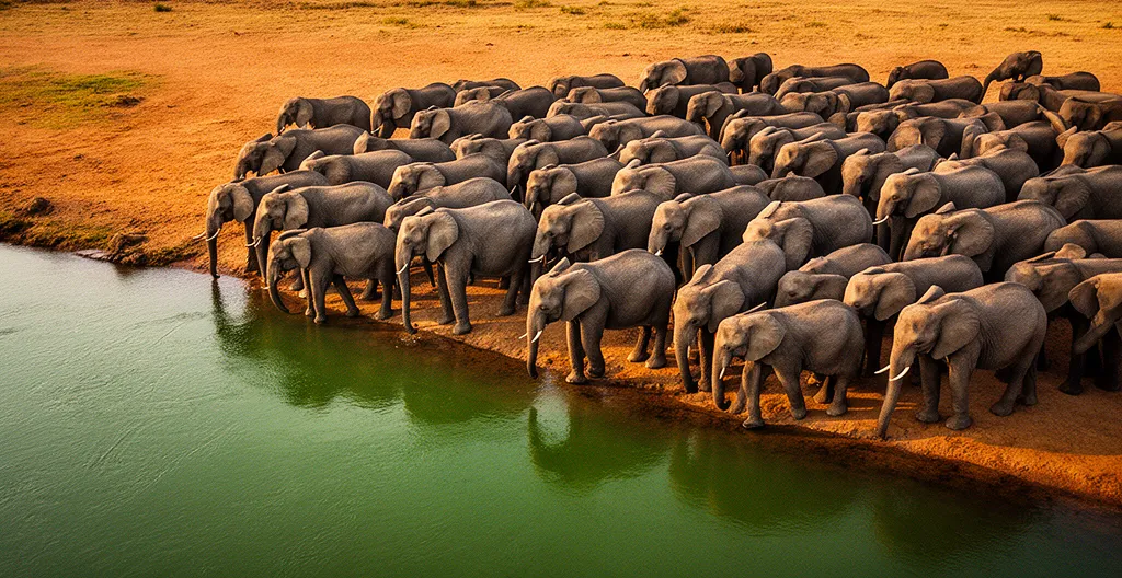 Large elephant herds congregating at Chobe River during peak dry season with dramatic African landscape
