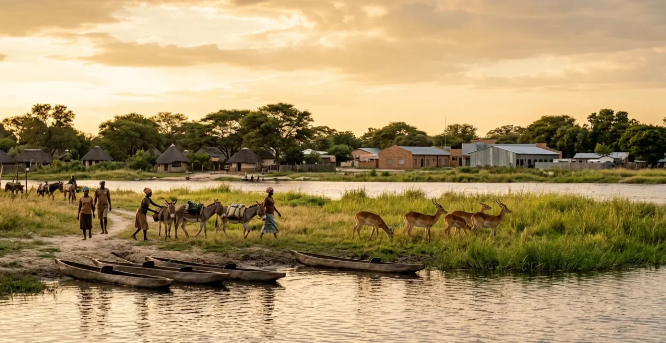 Daily life scene in Maun showing traditional and modern elements of the Okavango Delta gateway