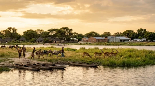 Daily life scene in Maun showing traditional and modern elements of the Okavango Delta gateway