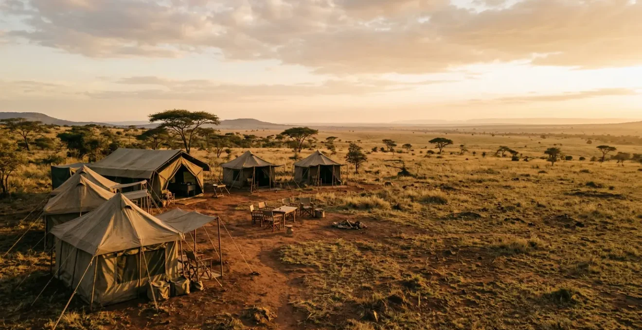 Mobile safari camp with traditional canvas tents set up in African wilderness at golden hour