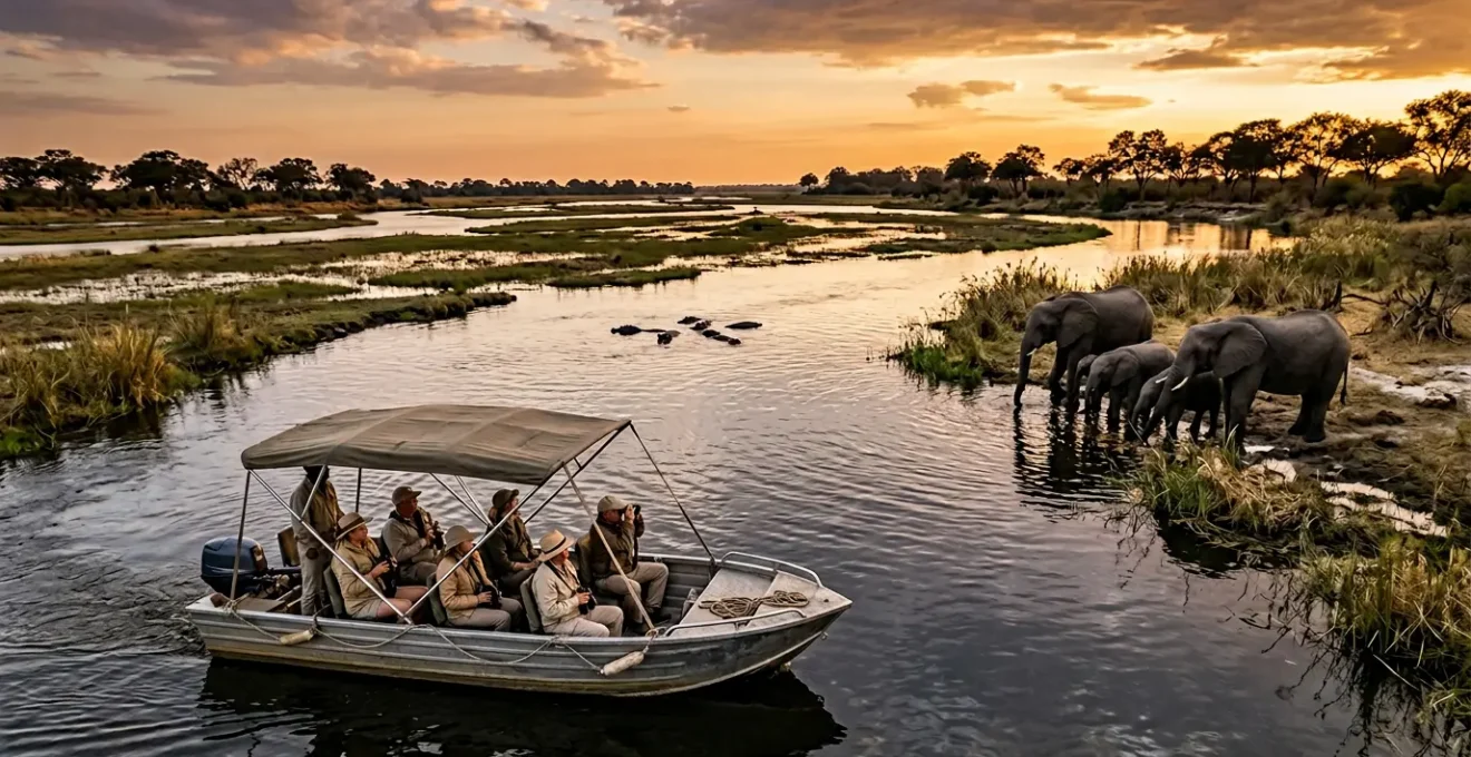Aerial wide shot of a motorboat safari on a winding African river at golden hour with elephants on the banks
