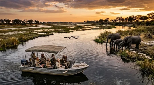 Aerial wide shot of a motorboat safari on a winding African river at golden hour with elephants on the banks