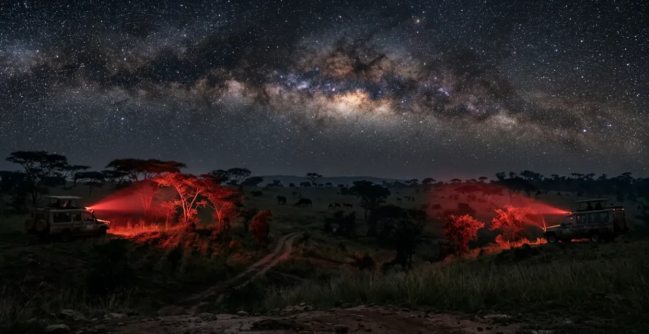 Night safari vehicles with spotlights tracking wildlife in African private concession