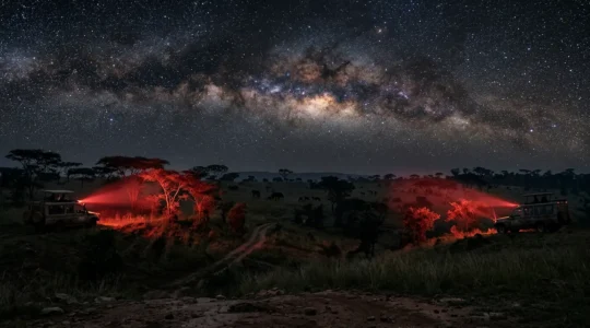 Night safari vehicles with spotlights tracking wildlife in African private concession