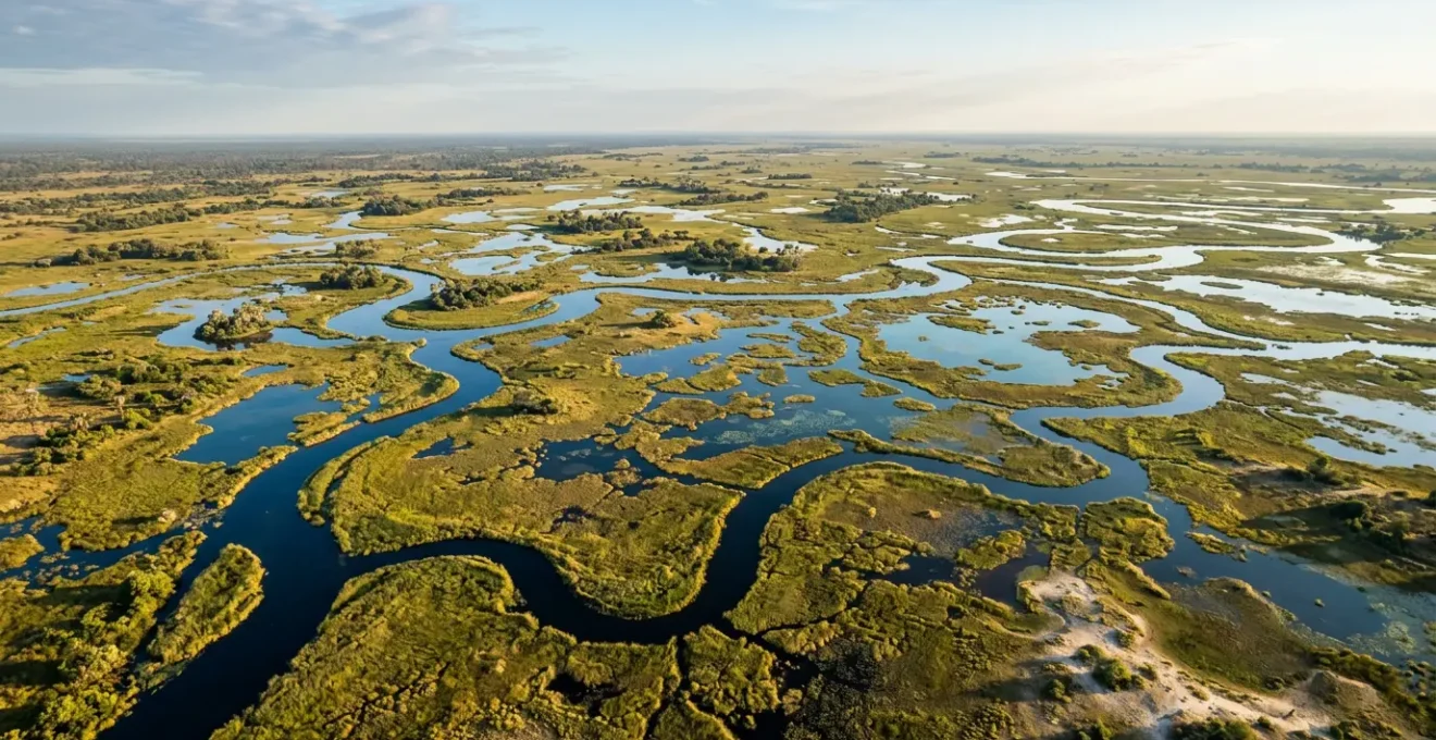 Aerial view of the Okavango Delta showing intricate networks of channels and lagoons