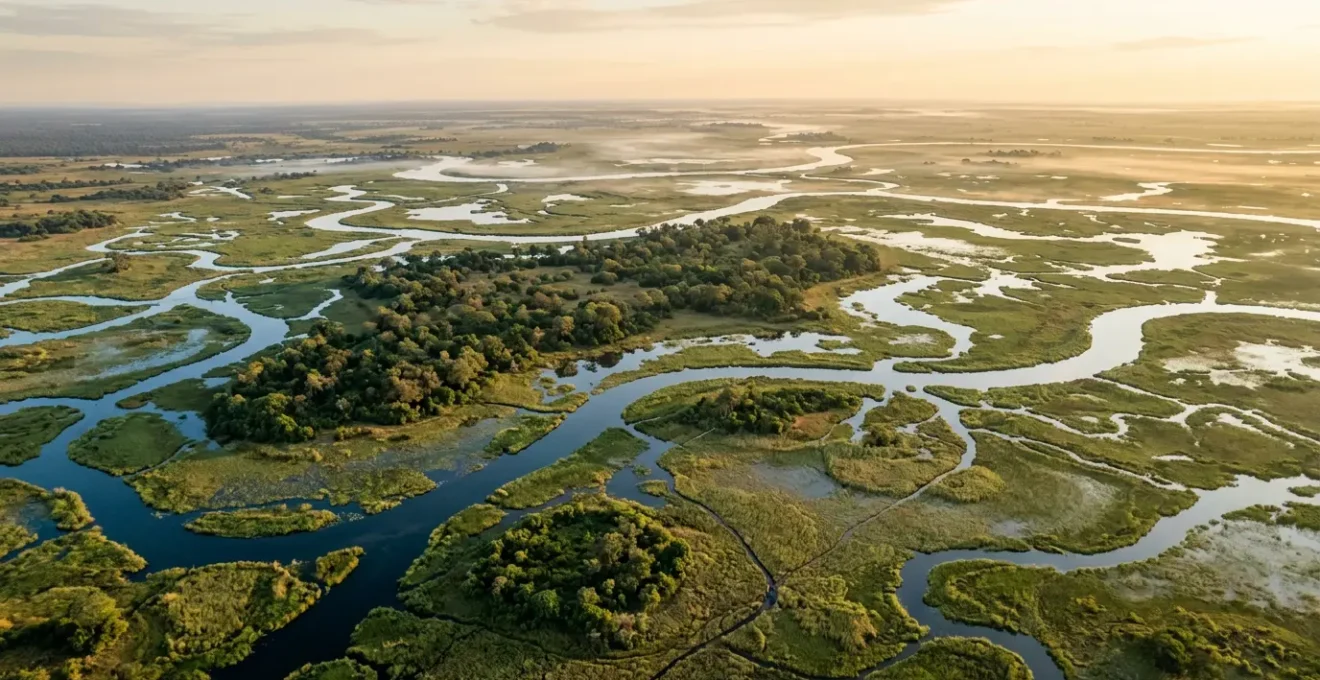 Aerial view of Okavango Delta waterways and Chief's Island at golden hour