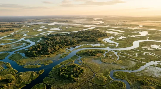 Aerial view of Okavango Delta waterways and Chief's Island at golden hour