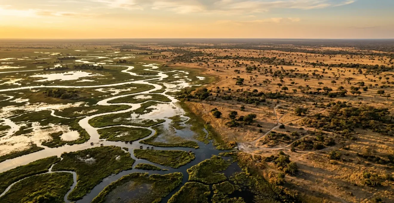 Aerial view showcasing the contrast between the water-rich Okavango Delta channels and the dry Linyanti region