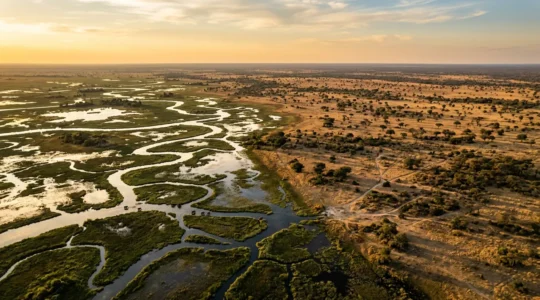 Aerial view showcasing the contrast between the water-rich Okavango Delta channels and the dry Linyanti region