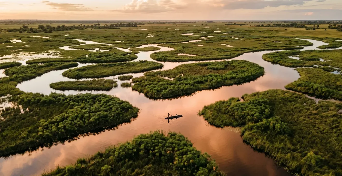 Aerial view of Okavango Delta waterways with perfect mirror reflections at golden hour