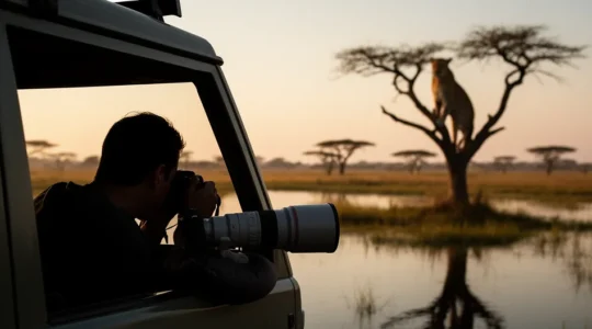 Wildlife photographer in the Okavango Delta capturing a leopard in golden hour light
